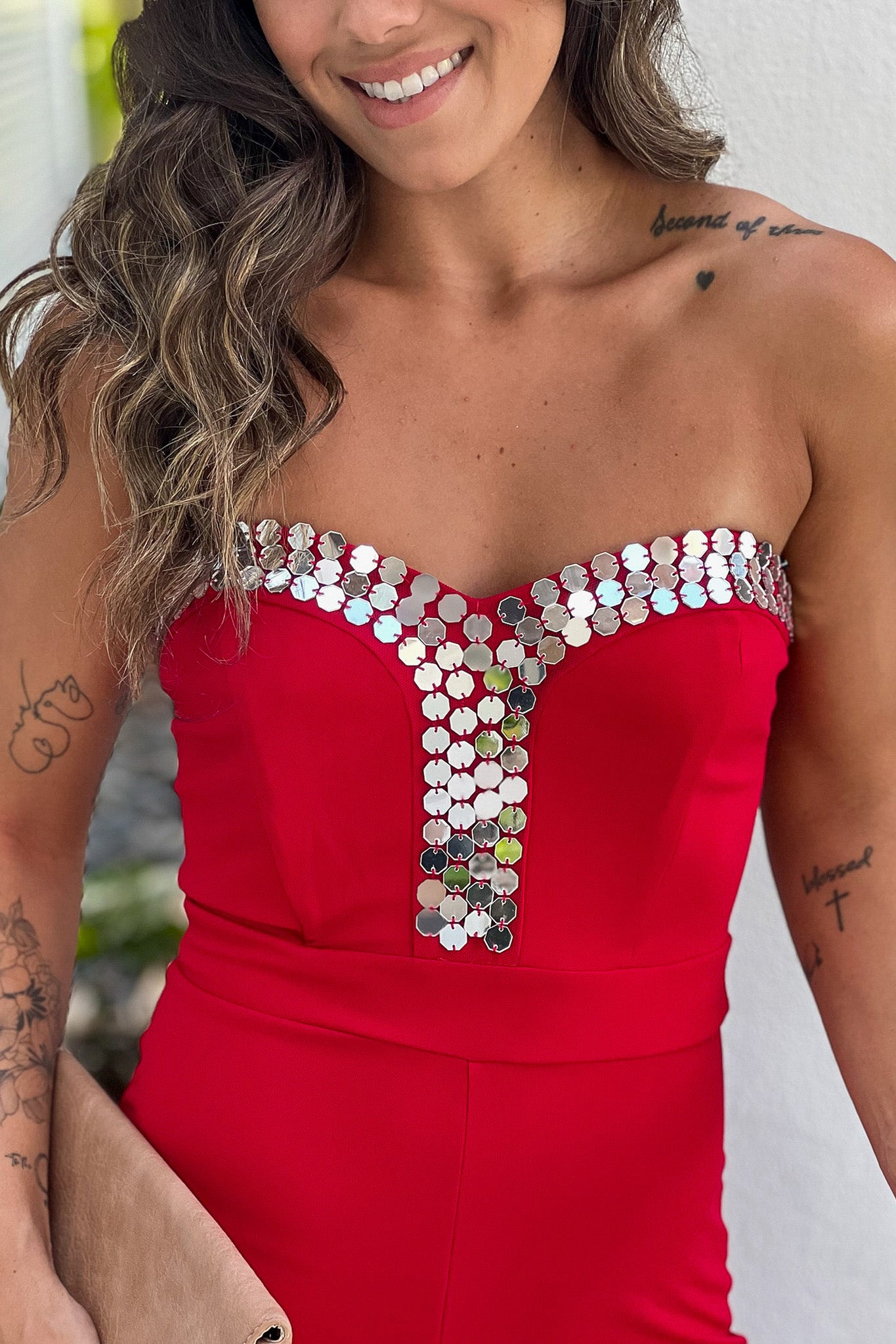 red metallic detail jumpsuit