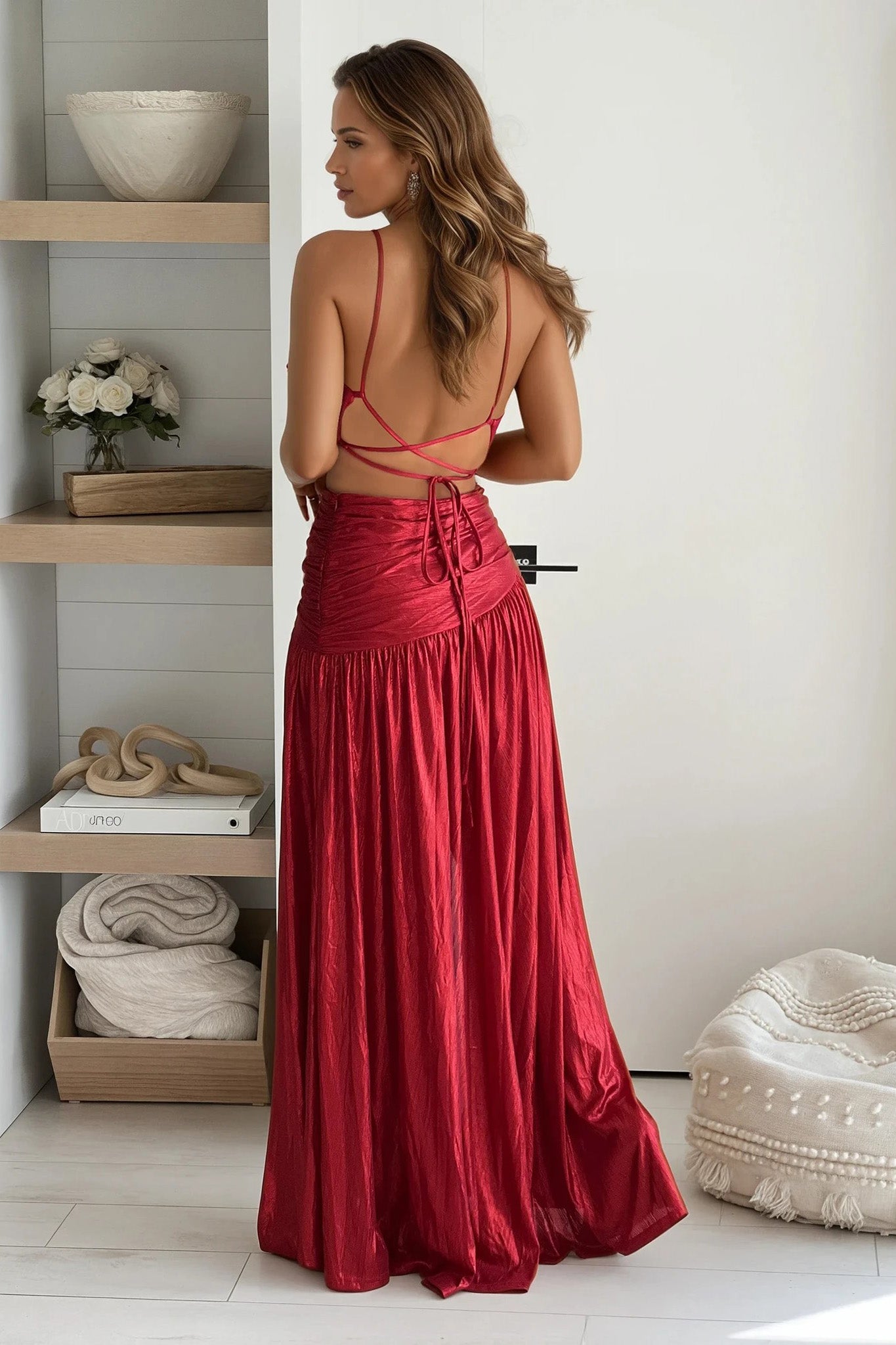 red metallic strappy back maxi dress