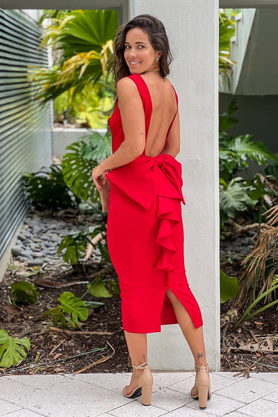 red midi dress with bow