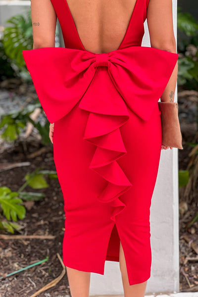 red open back midi dress with  bow