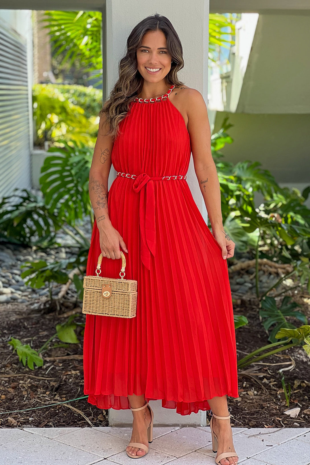 Red Pleated Dress With Chain Belt | Short Dresses – Saved by