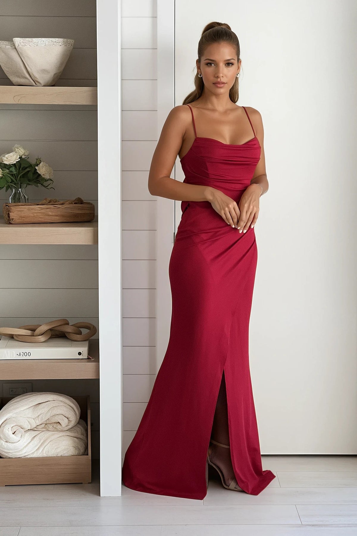 Red Pleated Cowl Neck Maxi Dress
