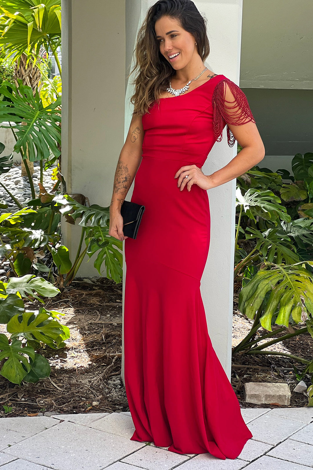catch you up beaded maxi dress red Red Beaded One Shoulder Maxi Dress