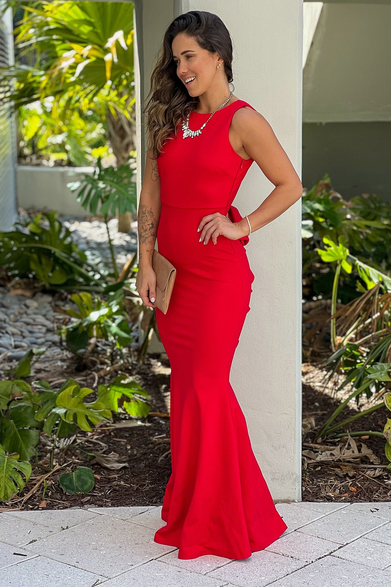 Red Maxi Dress With Open Back And Bow