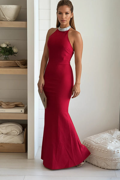 red rhinestone halter backless maxi dress