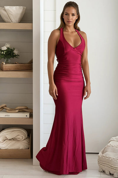 red ruched lace up mermaid maxi dress