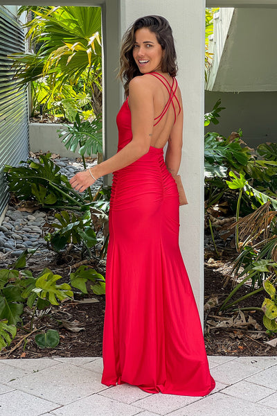 red ruched maxi dress