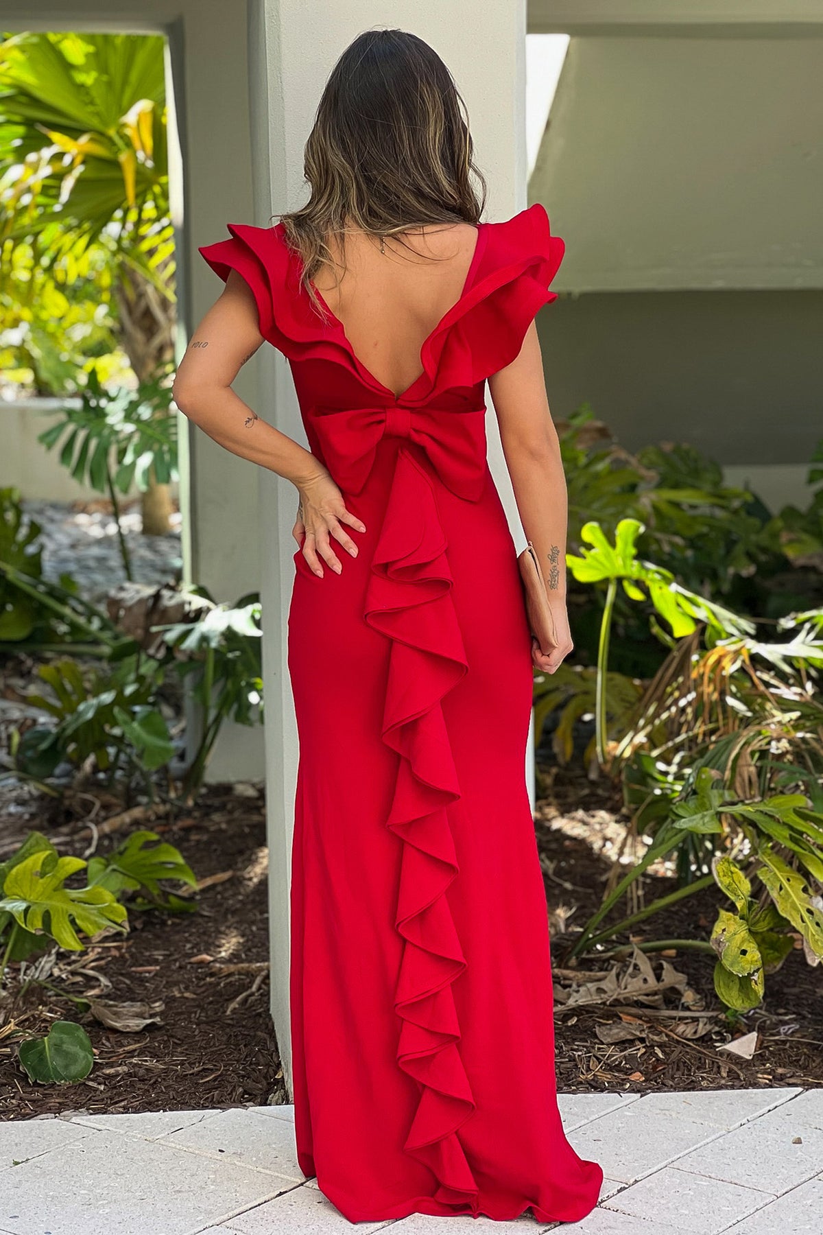 Red Ruffled Maxi Dress With Back Bow And Slit Red Ruffled Maxi Dress With Back Bow And Slit