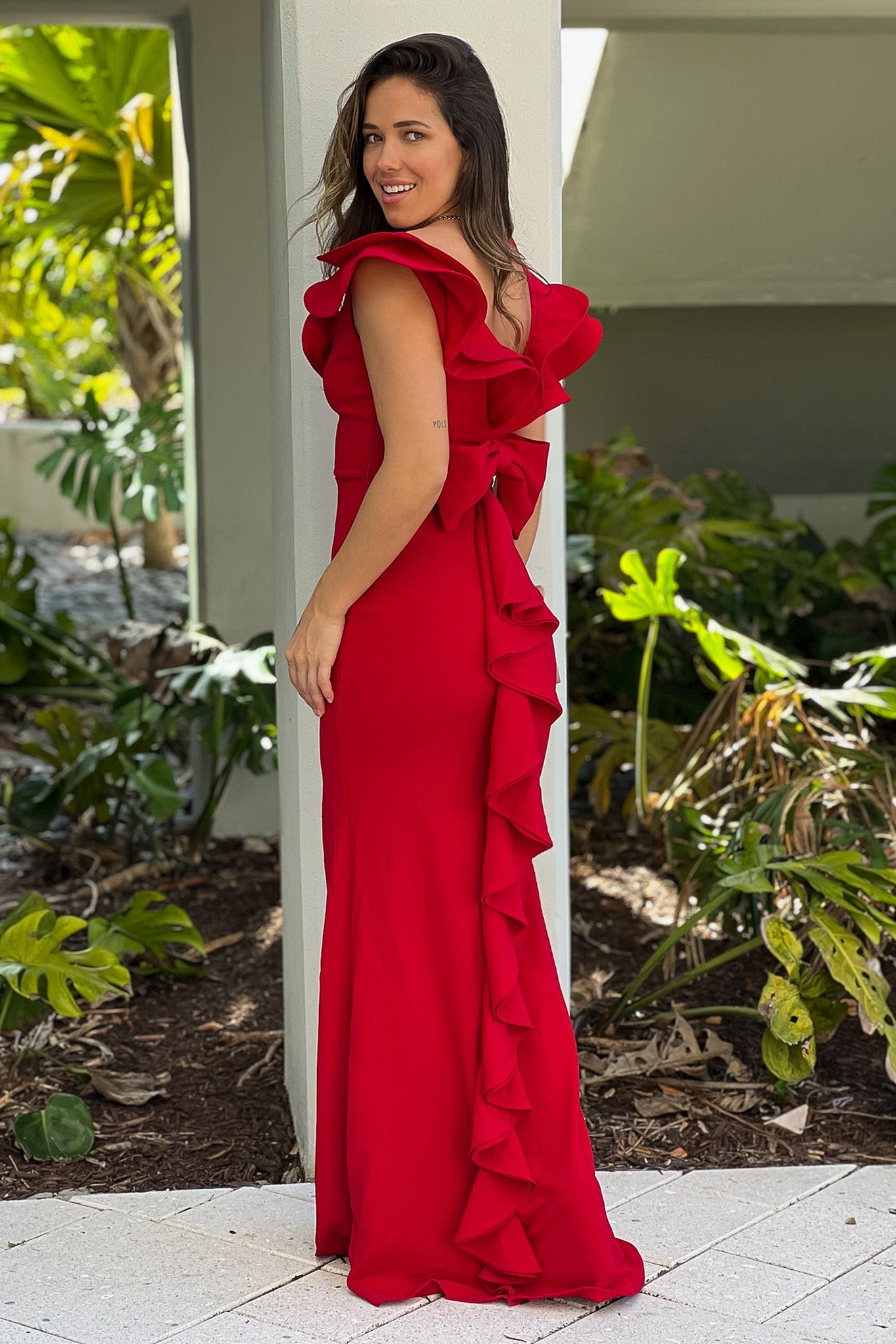 Red Ruffled Maxi Dress With Back Bow And Slit | Maxi Dresses – Saved by ...