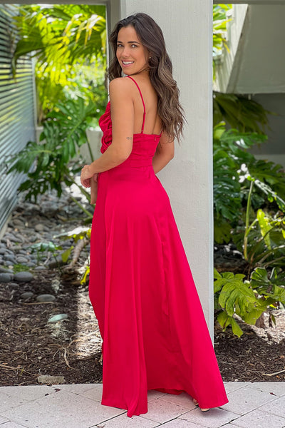 red satin maxi dress