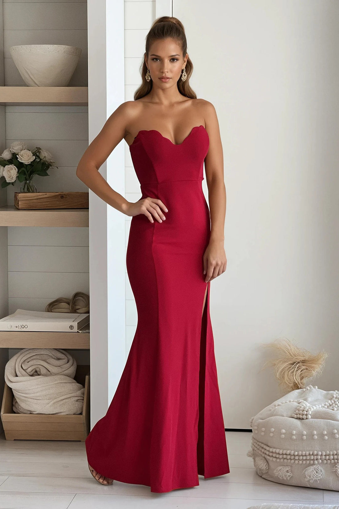 Red Scalloped Maxi Dress With Slit Red Scalloped Maxi Dress With Slit