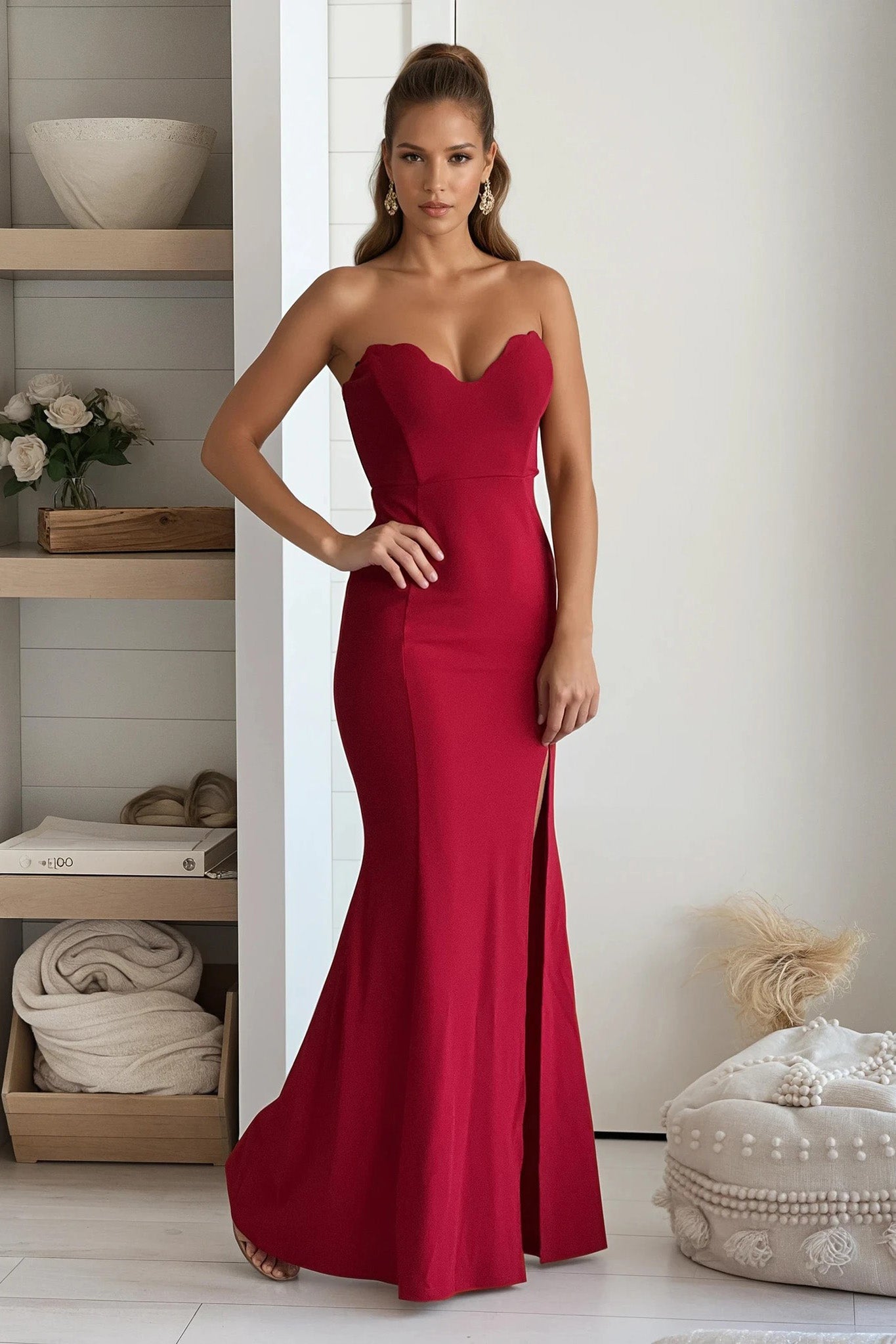 red scalloped sweetheart maxi dress with slit