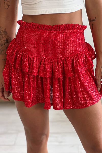 red sequin ruffled skirt