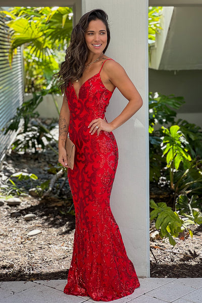 red sequined maxi dress