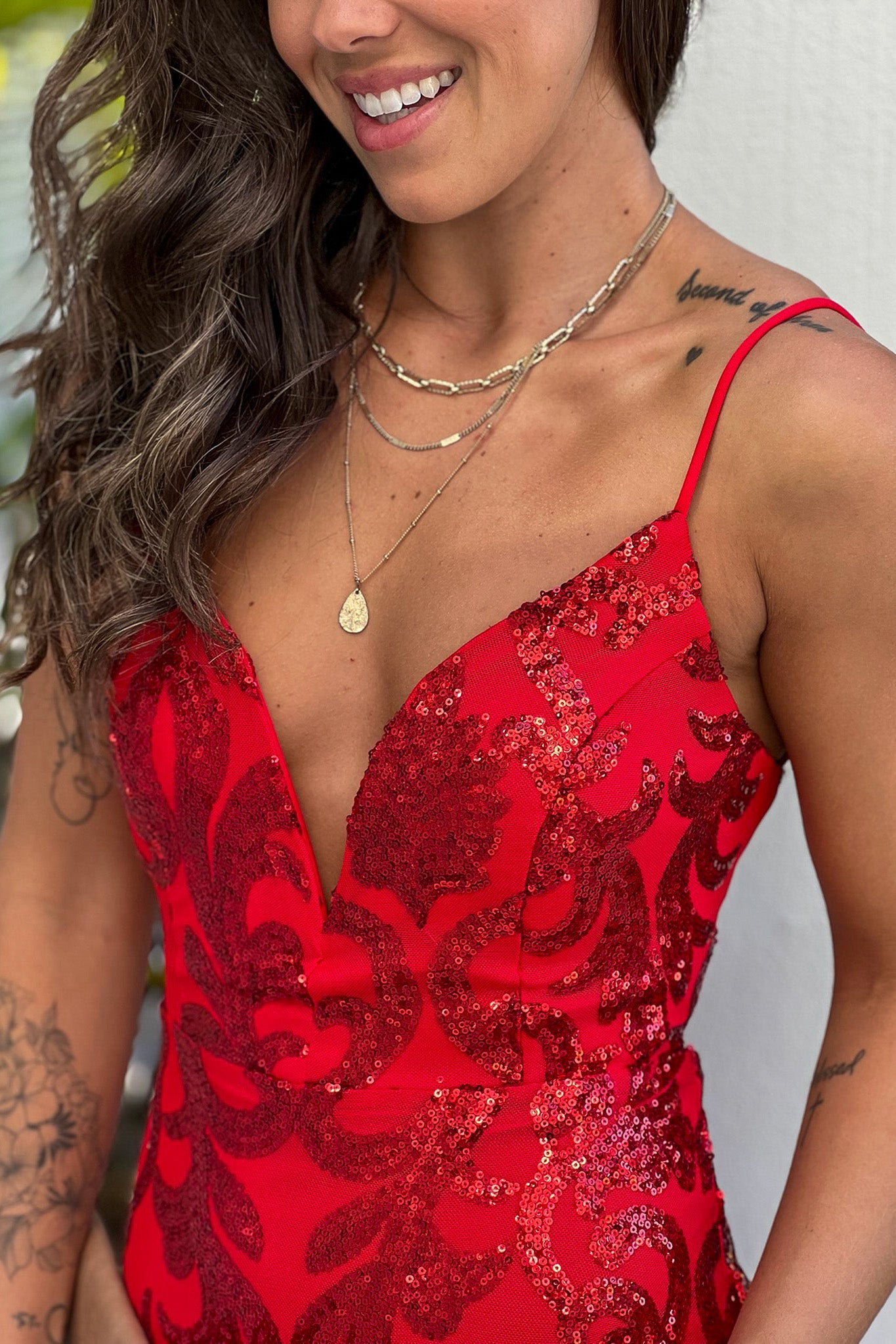 red sequined prom maxi dress