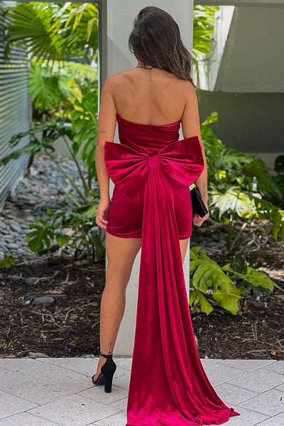 red short dress with bow detail