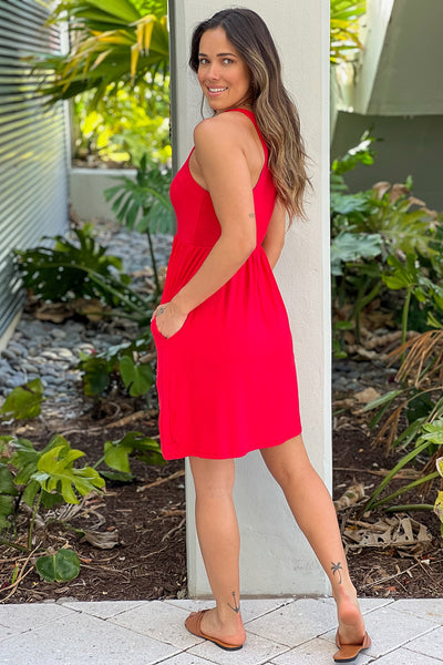 red short dress with pockets