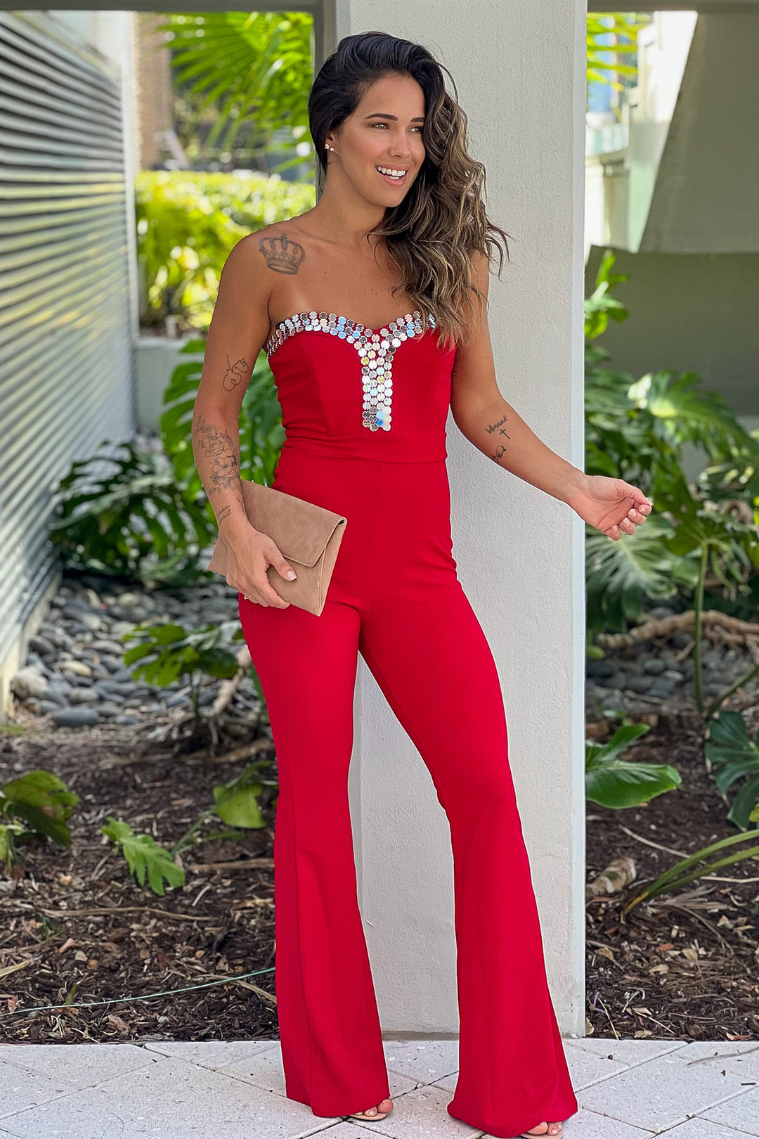 Red Strapless Jumpsuit With Details Jumpsuits Saved by the Dress