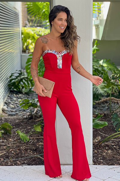 red strapless jumpsuit with details