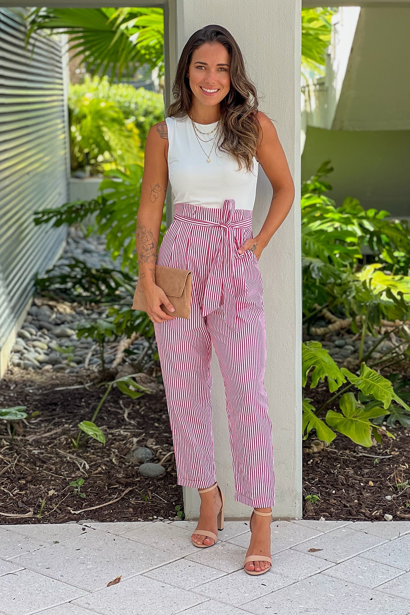 red striped jumpsuit with tie belt