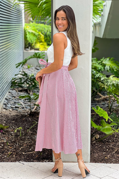 red striped midi dress with belt