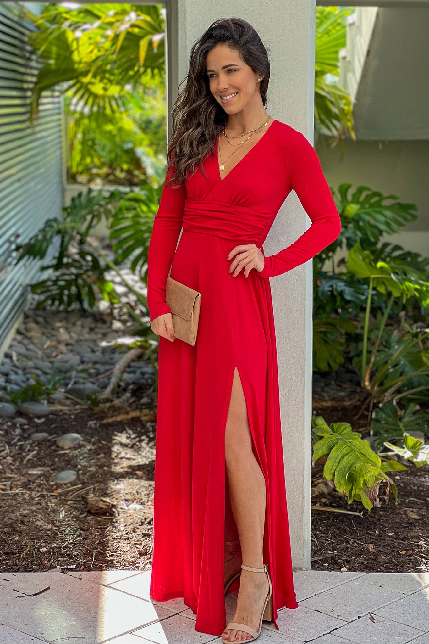 red v-neck formal maxi dress