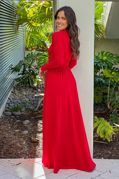 red v-neck maxi dress with long sleeves