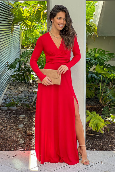 red v-neck maxi dress