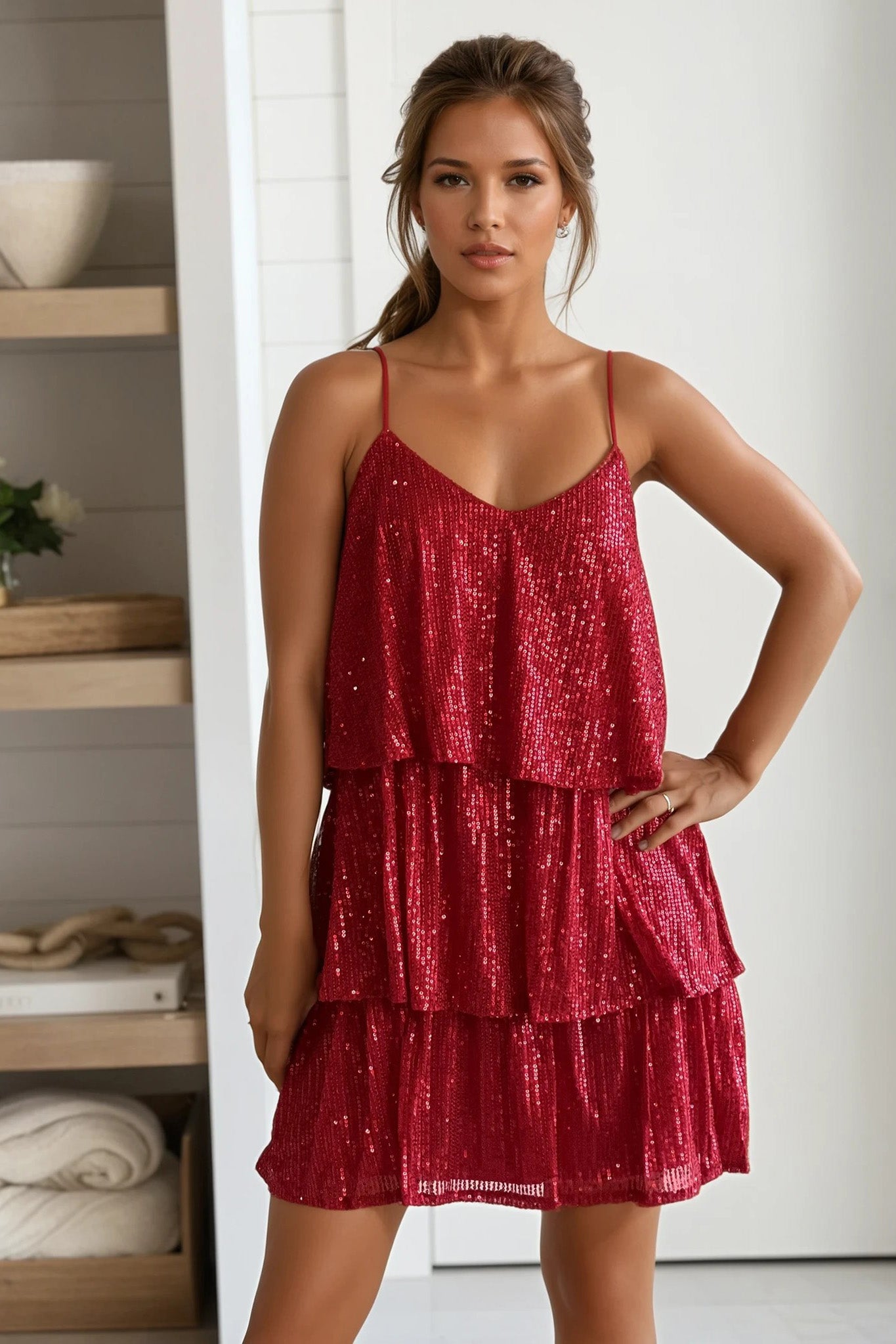 red v-neck mini sequin dress