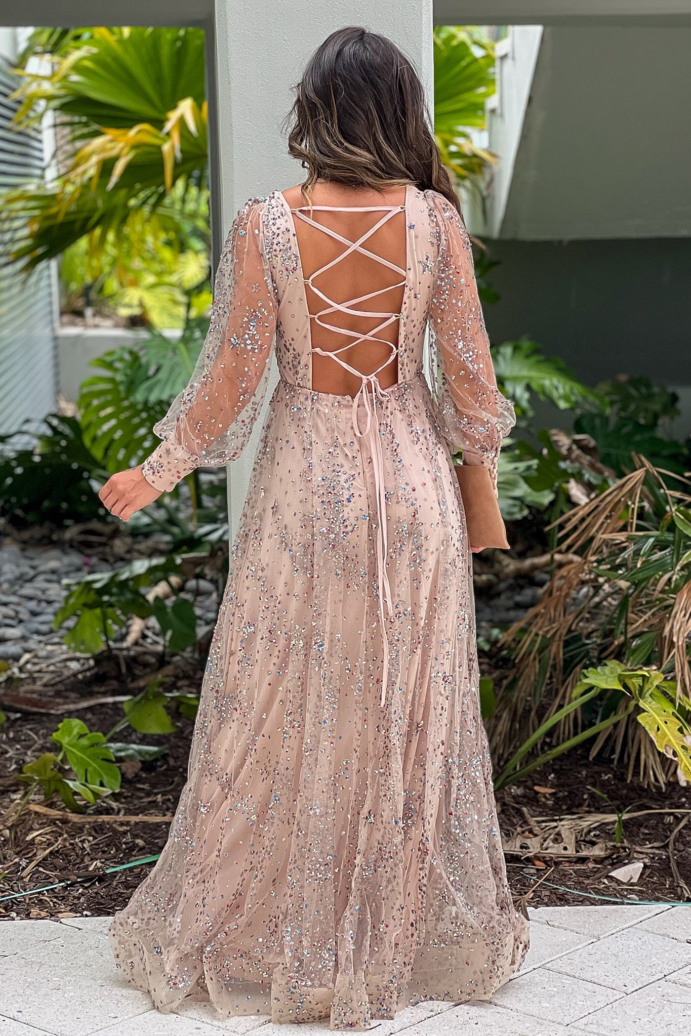 Rose Gold Long Sleeve Lace Up Sequined Maxi Dress