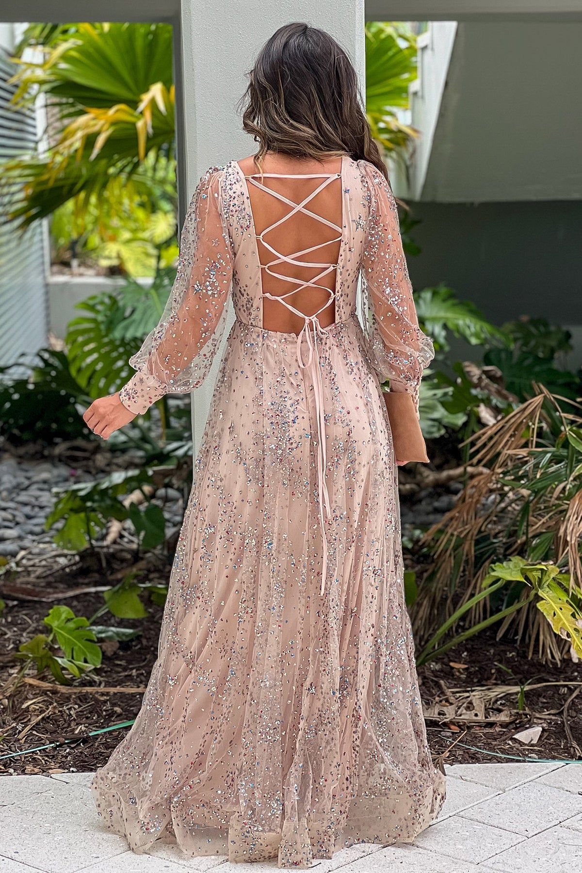 Rose Gold Long Sleeve Lace Up Sequined Maxi Dress