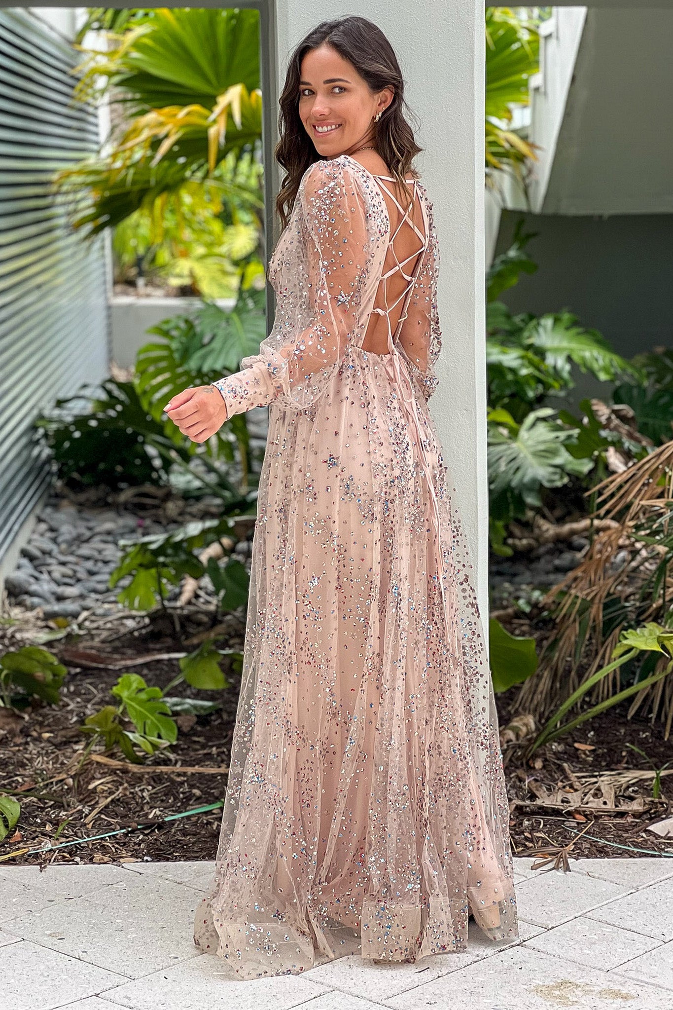 Rose Gold Long Sleeve Lace Up Sequined Maxi Dress | Maxi Dresses Saved by the Dress Rose Gold Long Sleeve Lace Up Sequined Maxi Dress | Maxi Dresses Saved by the Dress