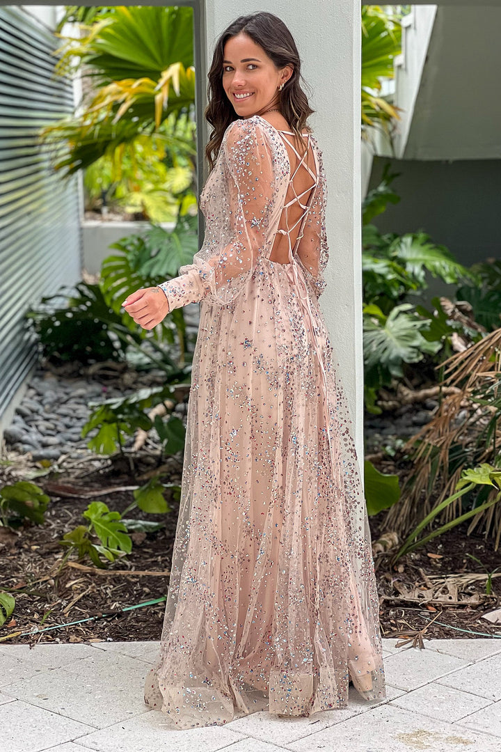 Rose Gold Long Sleeve Lace Up Sequined Maxi Dress | Maxi Dresses Saved by the Dress Rose Gold Long Sleeve Lace Up Sequined Maxi Dress | Maxi Dresses Saved by the Dress