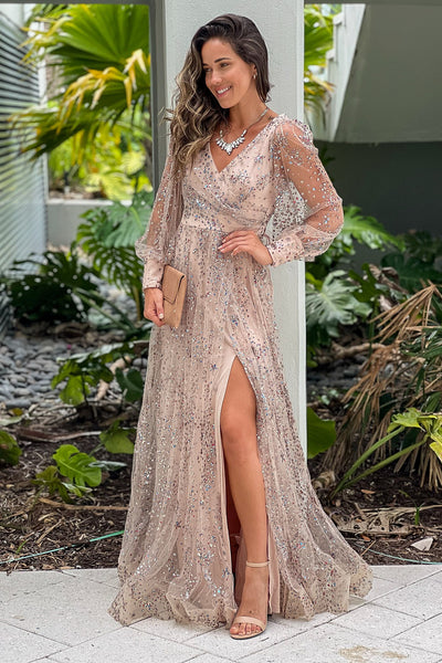 rose gold long sleeve lace up sequined maxi dress