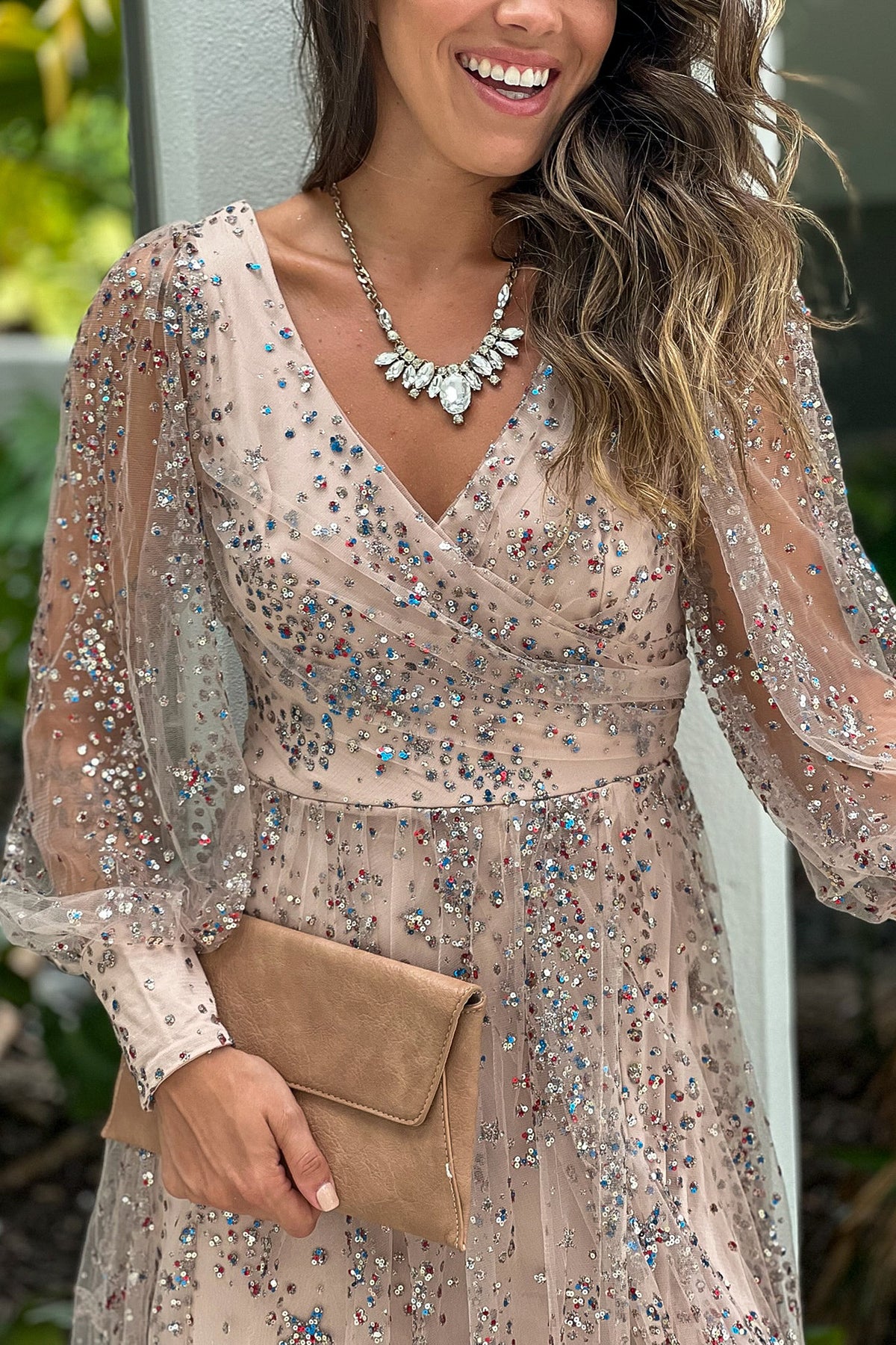 Rose Gold Long Sleeve Lace Up Sequined Maxi Dress