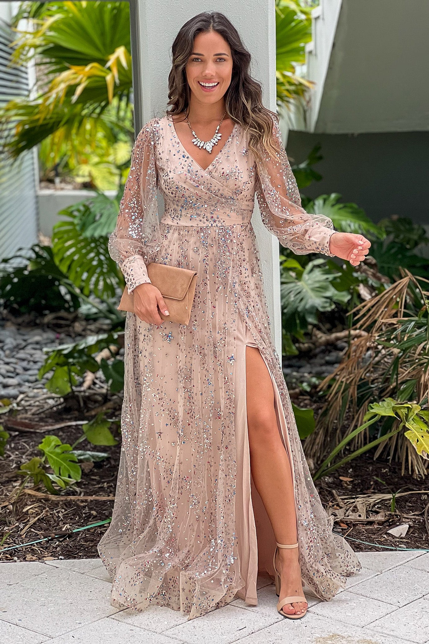 Rose Gold Long Sleeve Lace Up Sequined Maxi Dress