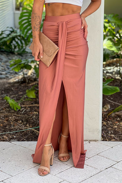 rose gold maxi skirt with slit