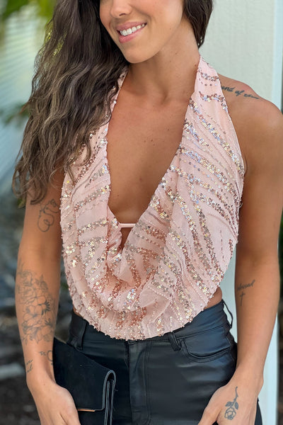 rose gold sequined formal crop top