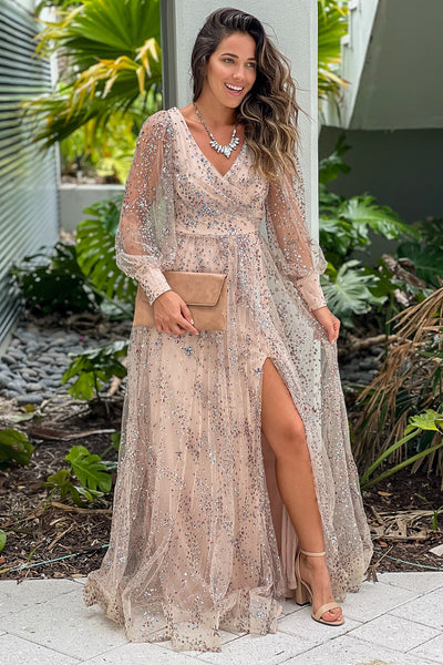rose gold sequined maxi dress