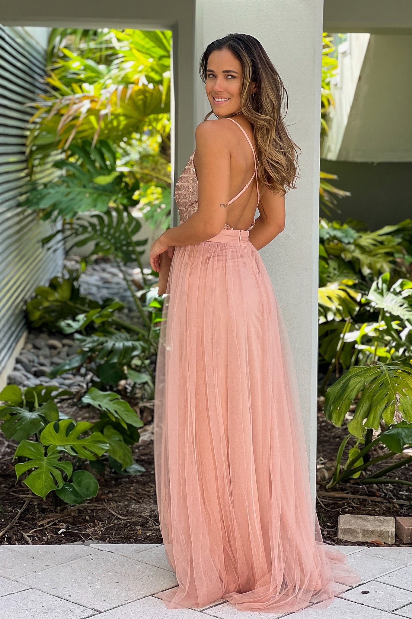 rose gold tulle maxi dress with criss cross back