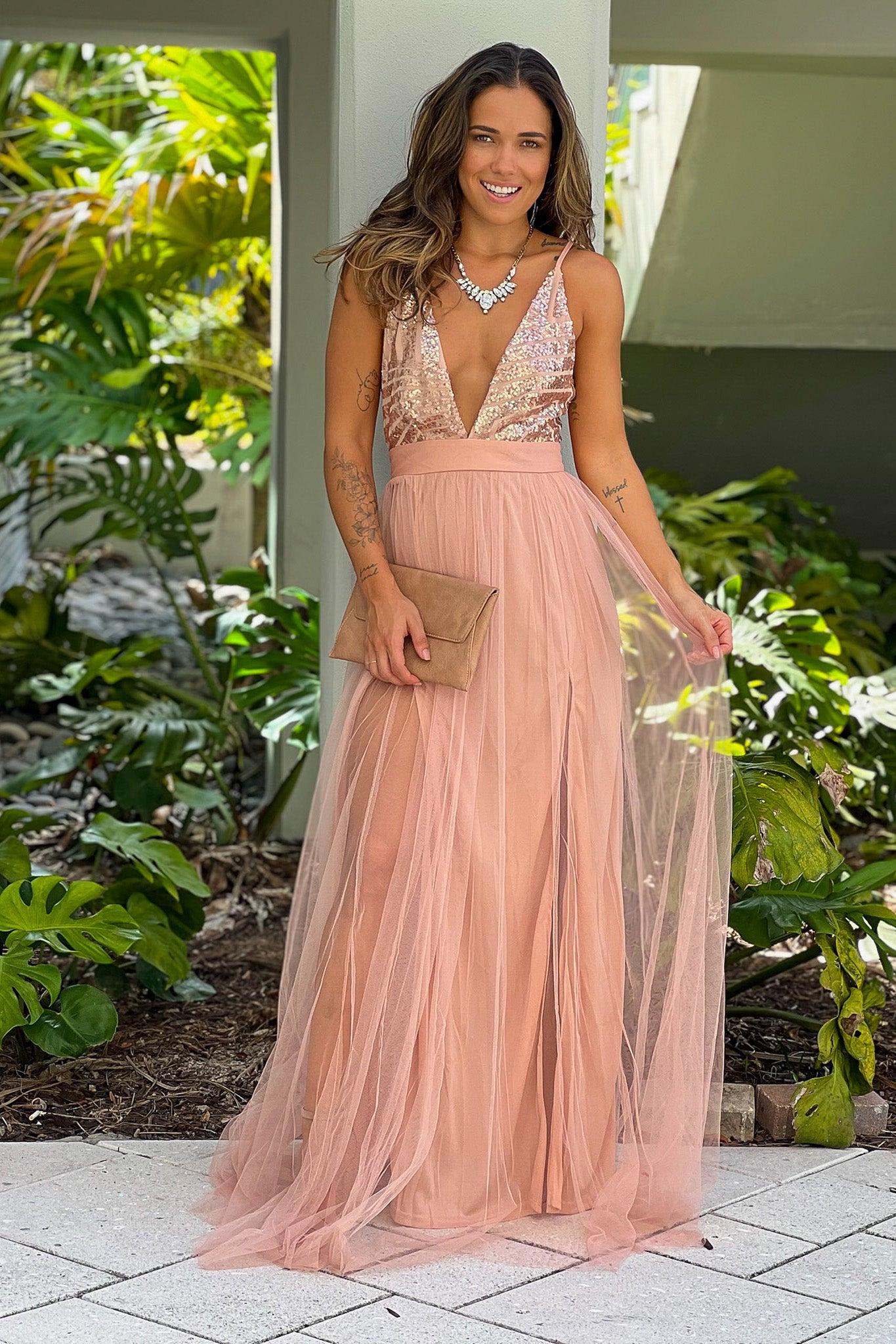 rose gold tulle maxi dress