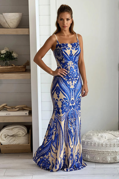 royal and nude square neck maxi dress
