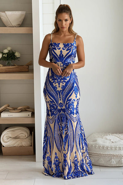 royal and nude square neck sequined maxi dress