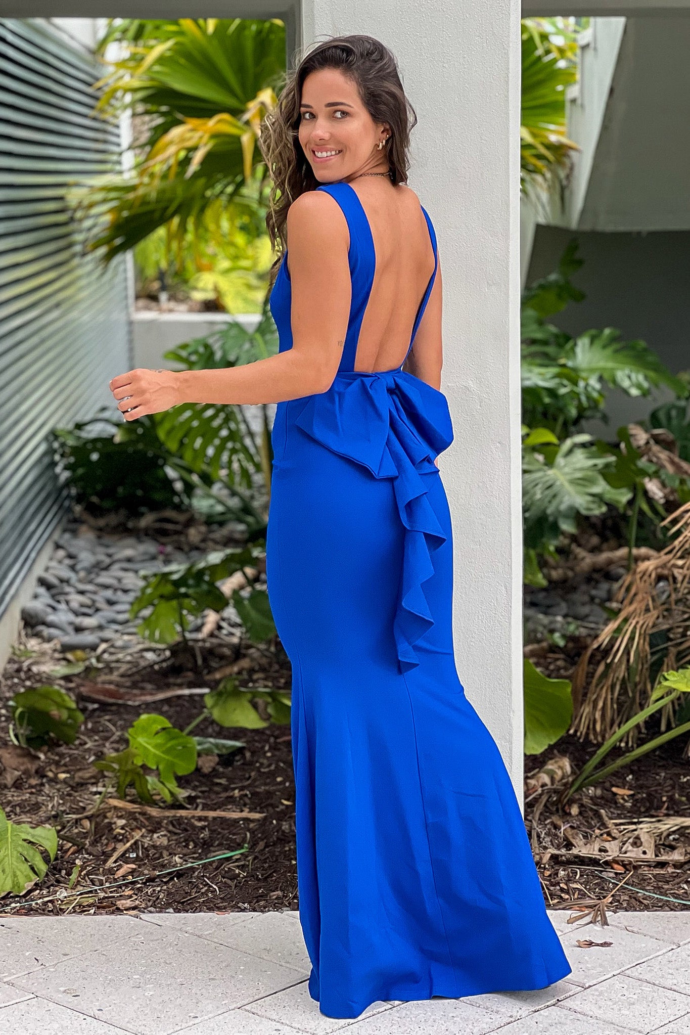 royal blue maxi dress with open back