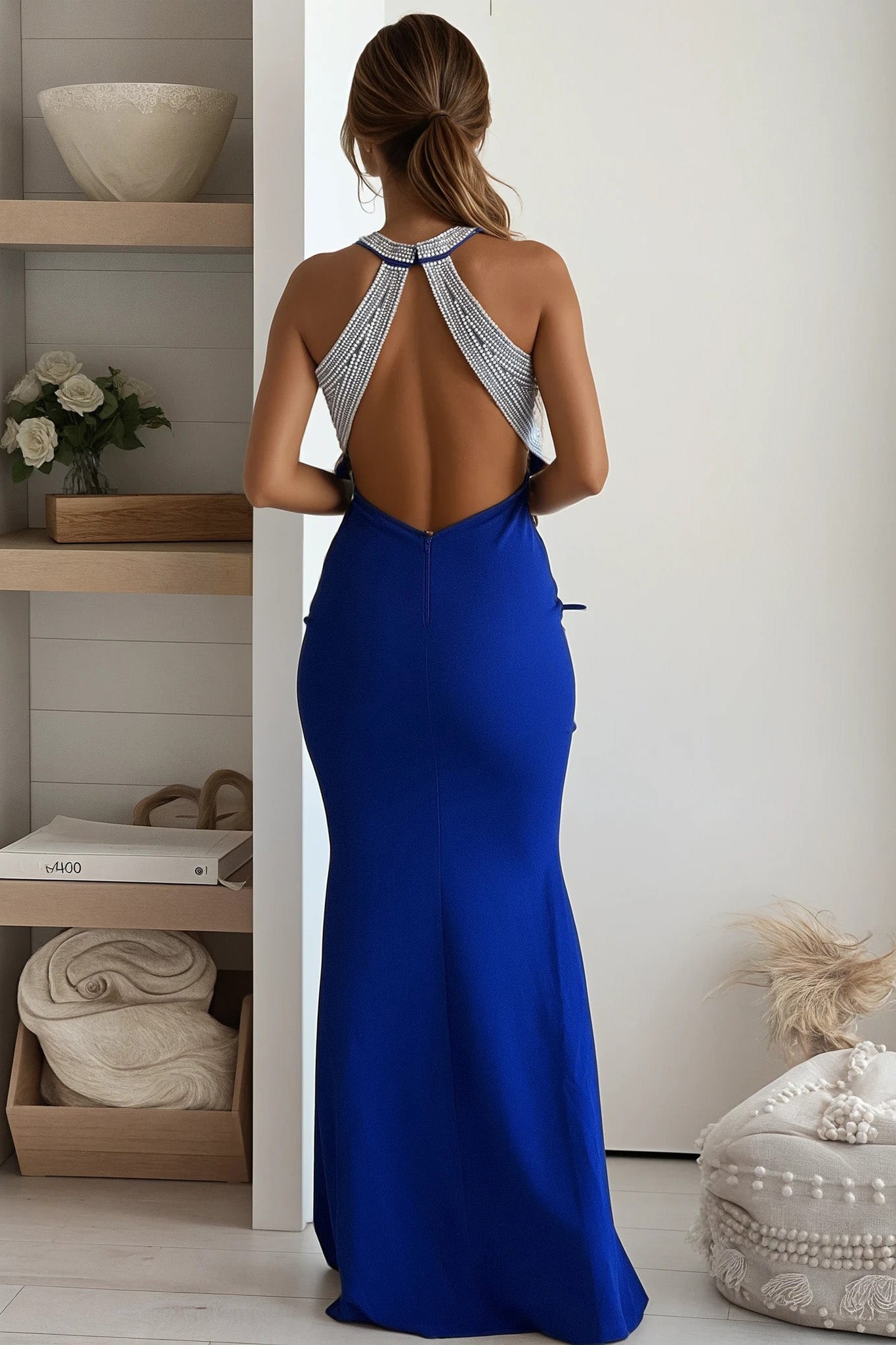 Royal Blue Maxi Dress With Pearl Open Back
