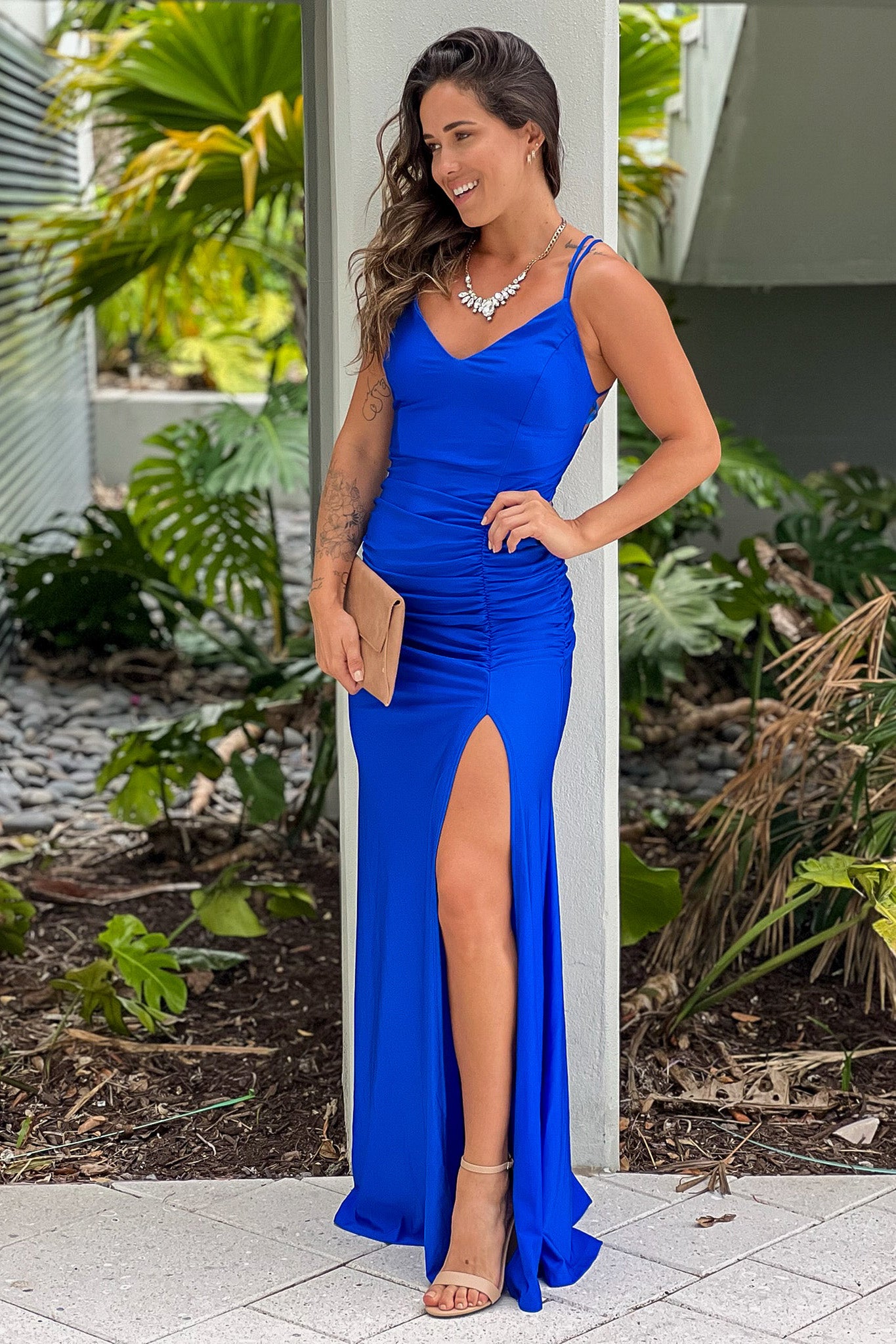 blue maxi dress with split Marianne High Slit Satin Maxi Dress Shop American Threads Women's Trendy Online Boutique Cobalt Blue / L / No returns/exchanges