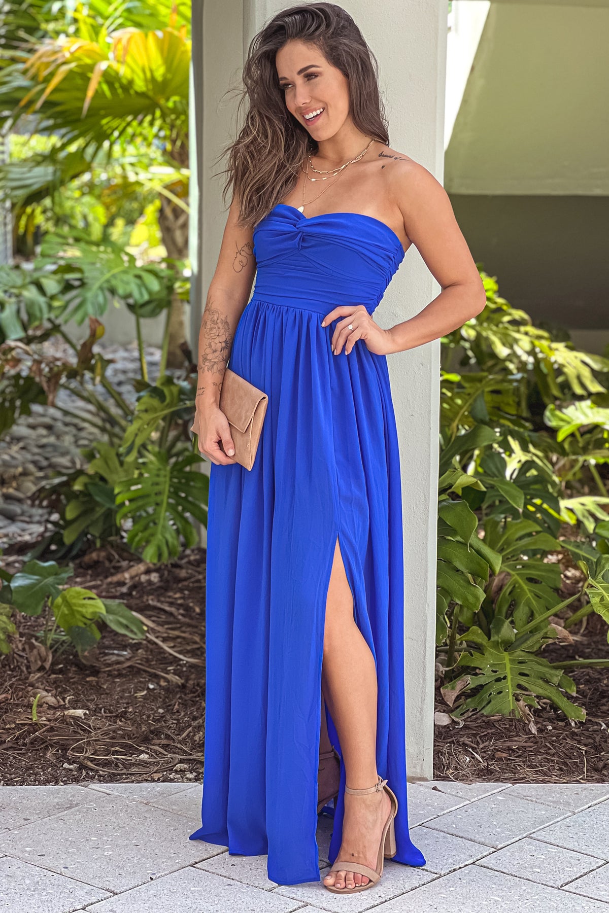 Royal Blue Strapless Pleated Top Maxi Dress With Slit