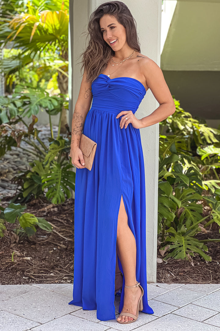 Royal Blue Strapless Pleated Top Maxi Dress With Slit | Maxi Dresses Saved by the Dress Royal Blue Strapless Pleated Top Maxi Dress With Slit | Maxi Dresses Saved by the Dress