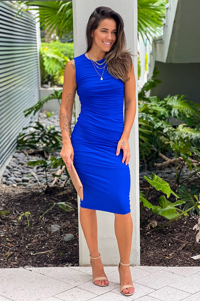 royal blue mesh ruched midi dress