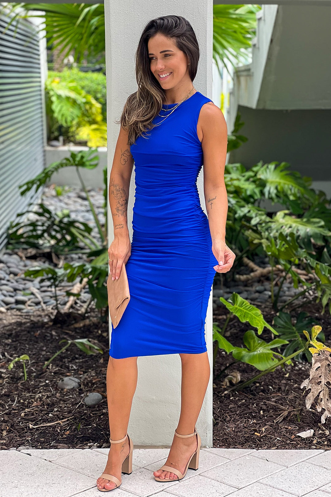 Royal Blue Mesh Ruched Midi Dress